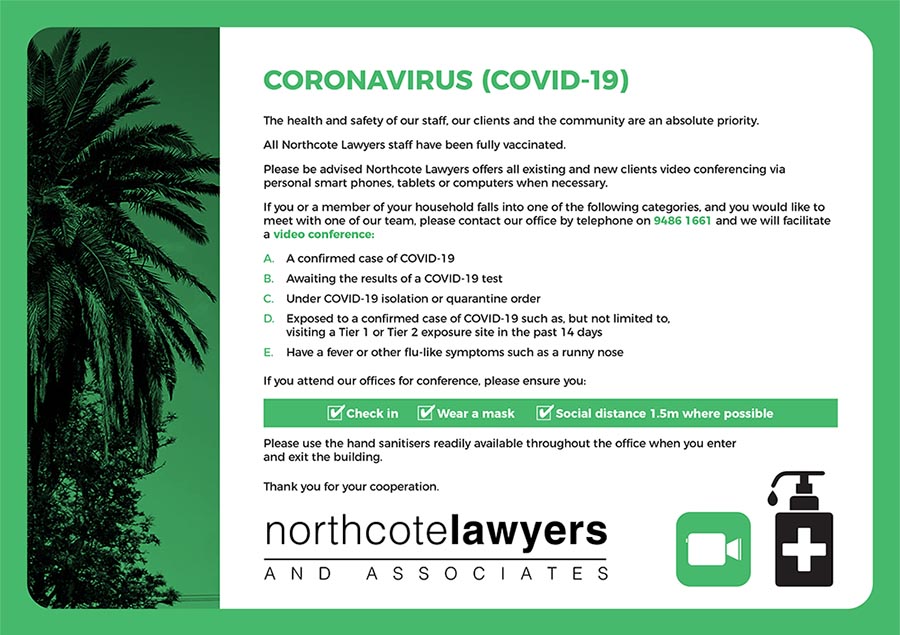 Northcote Lawyers_Coronavirus_A3 Sign_OCT 21_V4 copy